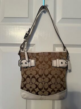 EUC Coach Brown Signature Canvas Shoulder Bag with Cream Leather Trim
